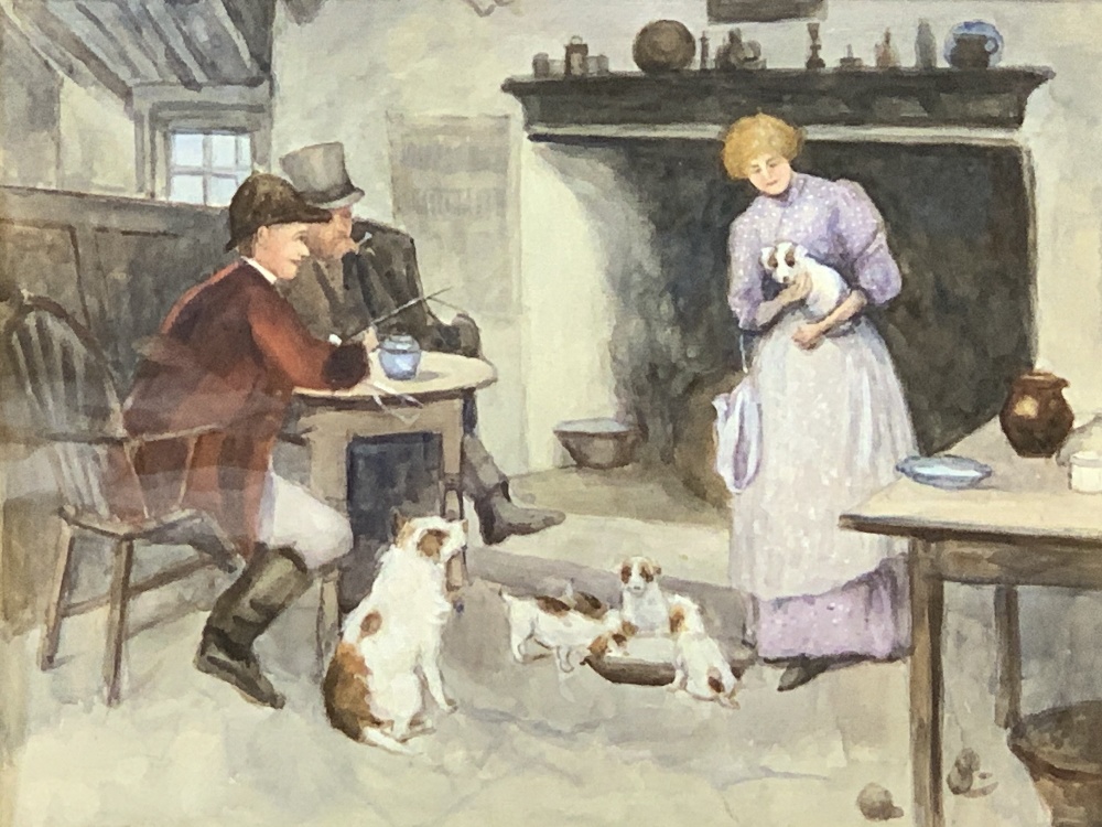 ENGLISH SCHOOL unsigned - interior domestic scene with figure in hunting dress seated at a table