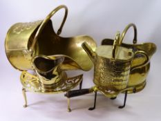 BRASSWARE - helmet coal scuttle, another scuttle and other fireside items