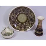 JERSEY POTTERY SHALLOW PEDESTAL BOWL, 25cms D and two other items