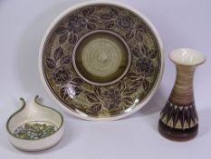 JERSEY POTTERY SHALLOW PEDESTAL BOWL, 25cms D and two other items