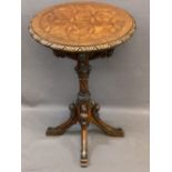 GOOD GOTHIC OAK CARVED SIDE TABLE, the 50.5cms diameter top with parquet type inlay, pierced bracket