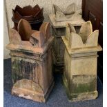 FOUR VARIOUS VINTAGE CHIMNEY POTS all having crown form tops, 76.5cms H the tallest