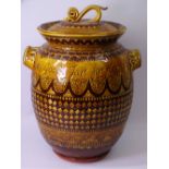 MIKE ATKINSON SLIPWARE TYPE DECORATED JAR & COVER, inscribed 'A Goode Jar for Keeping', M J A maker,