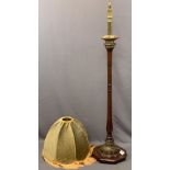ANTIQUE OAK & BRASS MOUNTED STANDARD LAMP WITH SHADE, 170cms H excluding shade E//T
