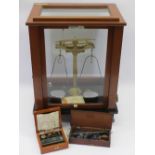 GOOD OERTLING MAHOGANY CASED SET OF LABORATORY BALANCE SCALES in brass and chrome, Model 48S.B