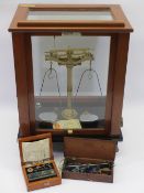 GOOD OERTLING MAHOGANY CASED SET OF LABORATORY BALANCE SCALES in brass and chrome, Model 48S.B