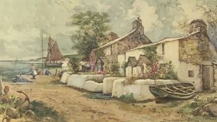 JOSEPH HUGHES CLAYTON watercolour - Cottages, figures and boats at Cemaes Bay Anglesey, signed, 32 x