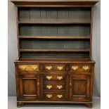 CIRCA 1850 STAINED PINE WITH MAHOGANY DRAWER FRONT WELSH DRESSER, the three shelf rack with wide