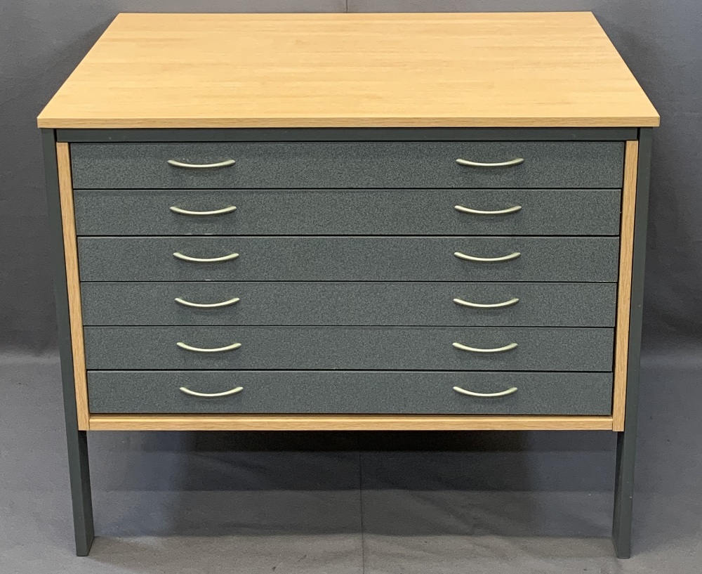 MODERN ARCHITECTS/ARTISTS PLAN CHEST, lightwood limed oak with steel frame and six granite effect