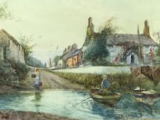 JOSEPH HUGHES CLAYTON watercolour - cottages, lane and figures in boats etc, signed, 25 x 35cms