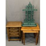 QUALITY REPRODUCTION CAST IRON STICK STAND, small oak three drawer chest and two modern pine side