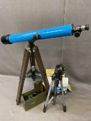 ASTRAL TELESCOPE ON WOODEN TRIPOD STAND, copper hunting horn, military ammunition tin, Miranda