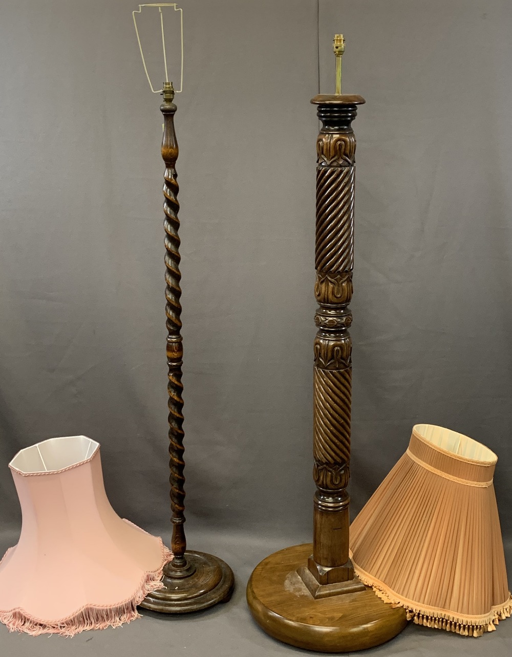 SUBSTANTIAL CARVED OAK COLUMN STANDARD LAMP and a vintage barley twist example, 167cm heights