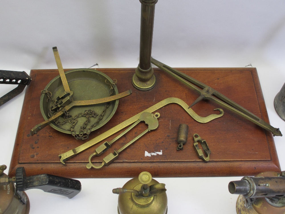 VINTAGE BEAM SCALES, four vintage brass blow lamps and an oil can - Image 2 of 3