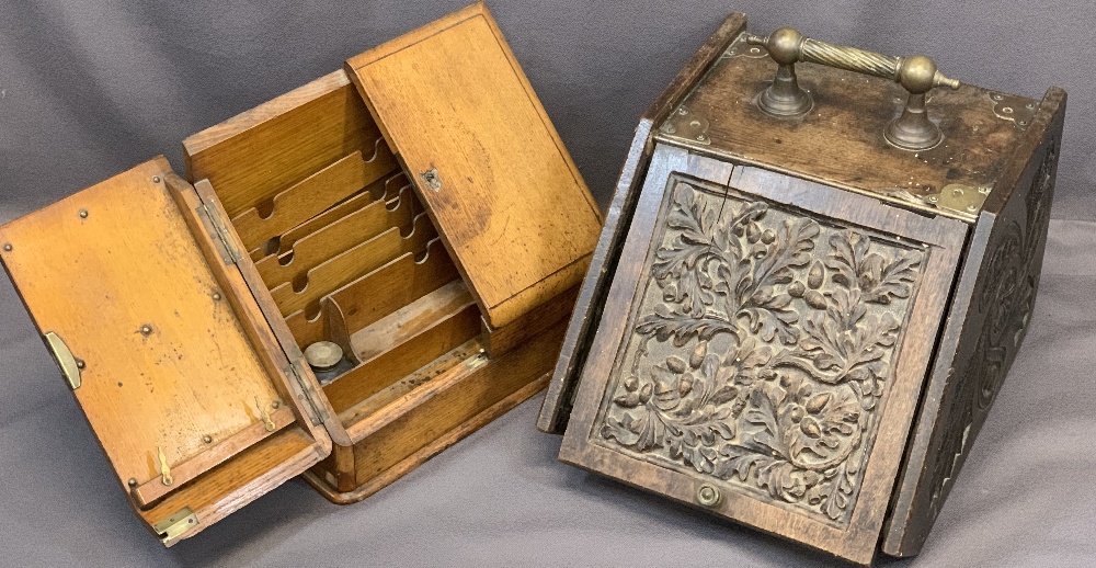 VINTAGE OAK DESKTOP STATIONERY BOX and a carved oak fireside coal box