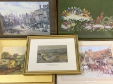 PARCEL OF THREE PRINTS, a small floral tapestry and a small watercolour painting (foxing")