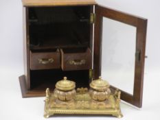 VINTAGE OAK SMOKERS' CABINET and a reproduction brass twin ink pot desk stand