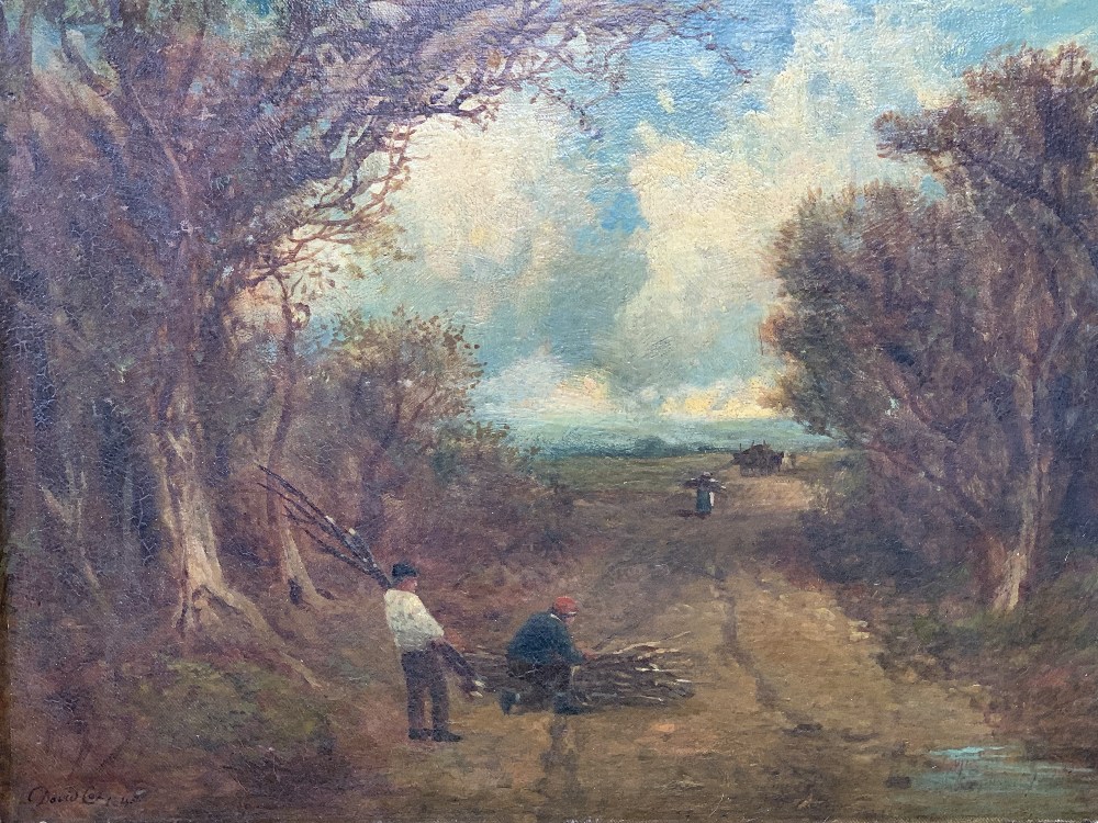 ATTRIBUTED TO DAVID COX oil on canvas - rural scene with figures on a track carrying firewood