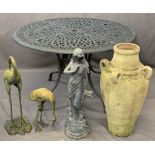 METAL CIRCULAR TOP GARDEN TABLE, two ironwork bird ornaments, figural ornament and a Greek style