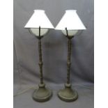 REPRODUCTION CAST METAL TABLE LAMPS, A PAIR, with white glass shades, 92cms H