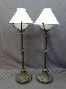 REPRODUCTION CAST METAL TABLE LAMPS, A PAIR, with white glass shades, 92cms H