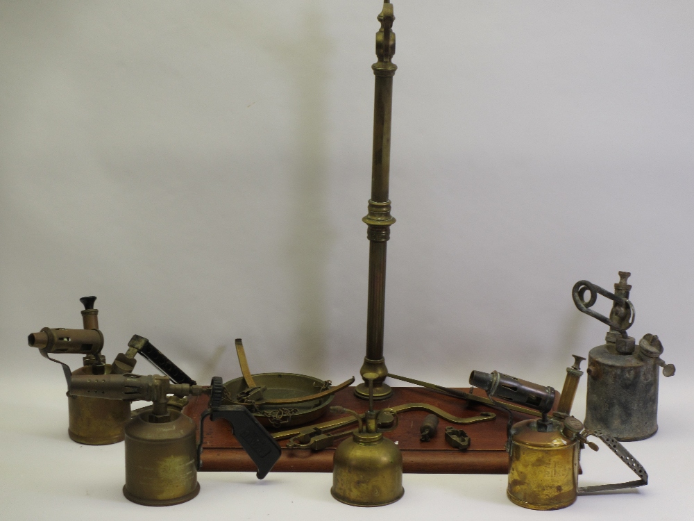 VINTAGE BEAM SCALES, four vintage brass blow lamps and an oil can