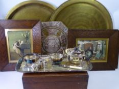 VINTAGE INDIAN COPPER & BRASS WALL CHARGER and two others, EPNS items, mahogany box and good oak