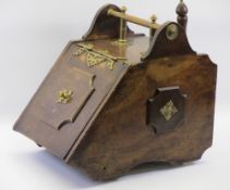 VICTORIAN BRASS MOUNTED WALNUT COAL SCUTTLE WITH SCOOP, 44cms H, 33cms W, 49cms D overall