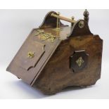 VICTORIAN BRASS MOUNTED WALNUT COAL SCUTTLE WITH SCOOP, 44cms H, 33cms W, 49cms D overall