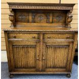 GOOD OAK JACOBEAN STYLE BUFFET SIDEBOARD having a three panel back with bulbous front supports above