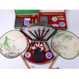 CHINESE CASED CALLIGRAPHY SETS (3) and two Chinese bamboo handled fans