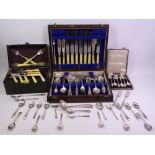 POLISHED CUTLERY BOX with quantity of A1 electroplate contents and cased teaspoons, loose cutlery