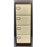 MODERN FOUR DRAWER METAL FILING CABINET WITH KEY, cream and brown, 132cms H, 46cms W, 62cms D