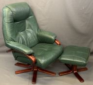 MODERN GREEN LEATHER EFFECT STRESSLESS TYPE SWIVEL ARMCHAIR & MATCHING FOOT STOOL, 104cms H, 74cms