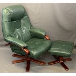 MODERN GREEN LEATHER EFFECT STRESSLESS TYPE SWIVEL ARMCHAIR & MATCHING FOOT STOOL, 104cms H, 74cms