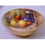 ROYAL WORCESTER RICKETTS PAINTED PEDESTAL BOWL, 13cms diameter A/F cracked