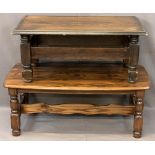 TWO REPRODUCTION OAK EFFECT COFFEE TABLES, 47cms H, 120cms L, 58.5cms W and 43cms H, 101cms L, 54cms