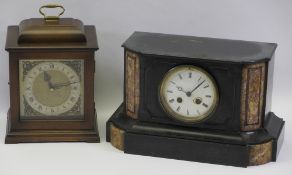 VICTORIAN SLATE & MARBLE MANTEL CLOCK and a modern Quartz wooden cased example, 20.5cms H, 34.5cms