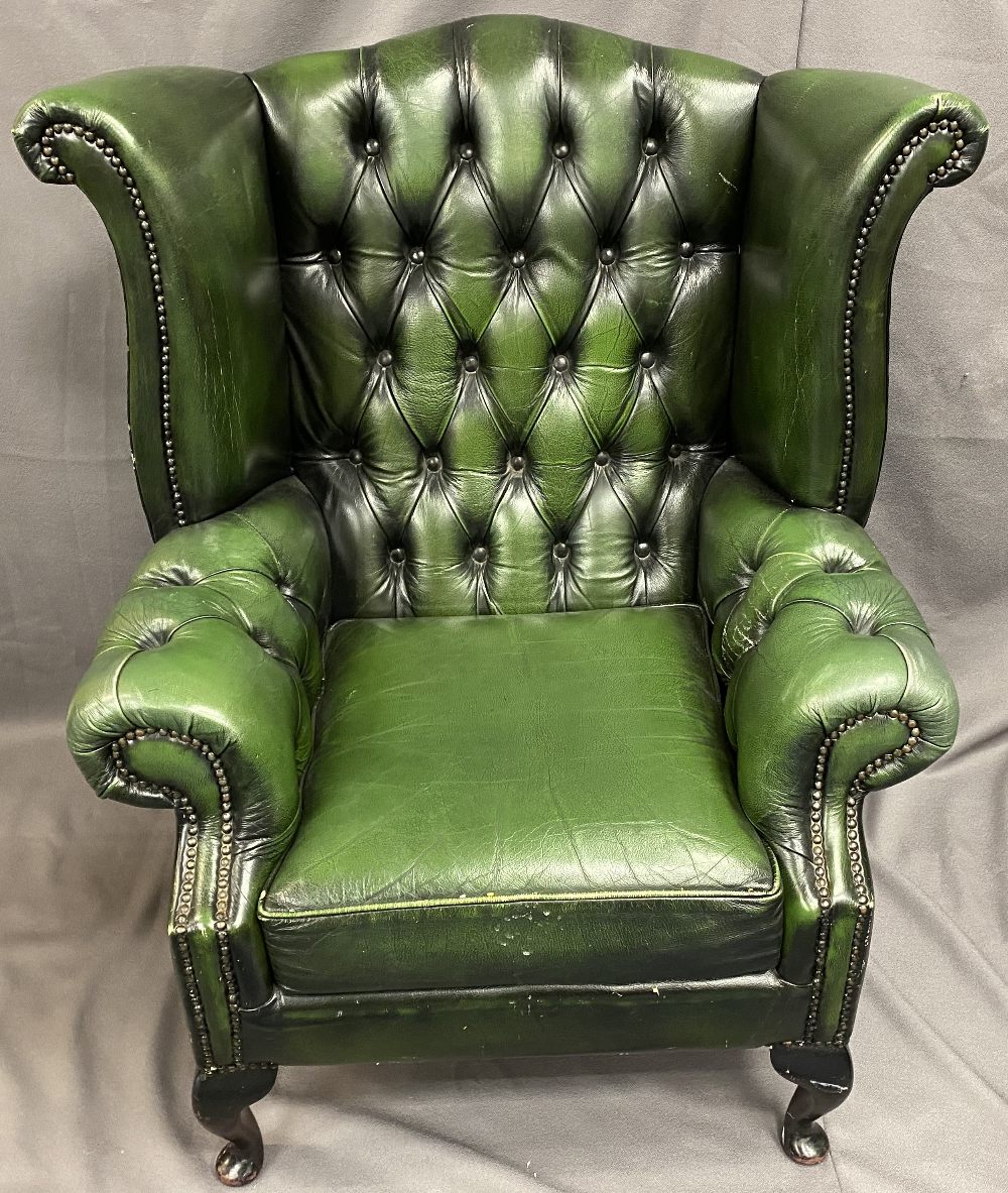 ANTIQUE STYLE GREEN LEATHER EFFECT BUTTON UPHOLSTERED WINGBACK ARMCHAIR, 103cms H, 90cms max W,