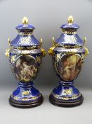 VIENNA STYLE VASES & COVERS, a pair on wooden plinths, overall H 52cms