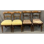 ANTIQUE ROSEWOOD/MAHOGANY SALON/SIDE CHAIRS, TWO PAIRS, both with curved top rails, carved cross
