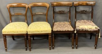 ANTIQUE ROSEWOOD/MAHOGANY SALON/SIDE CHAIRS, TWO PAIRS, both with curved top rails, carved cross