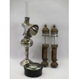 G W R STAMPED BRASS CARRIAGE LAMPS, vintage chrome reading lamp and a large lens from another lamp
