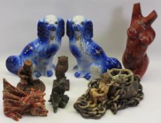 MIXED COMPOSITION ANIMALS & FIGURINES to include a pair of pottery Staffordshire type dogs in blue