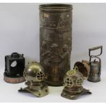 MIXED VINTAGE & REPRODUCTION METALWARE & LAMPS to include two ornamental diver's type helmet
