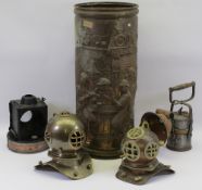 MIXED VINTAGE & REPRODUCTION METALWARE & LAMPS to include two ornamental diver's type helmet