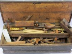 CARPENTER'S TOOL CHEST & CONTENTS, vintage pine with iron carry handles, the contents include