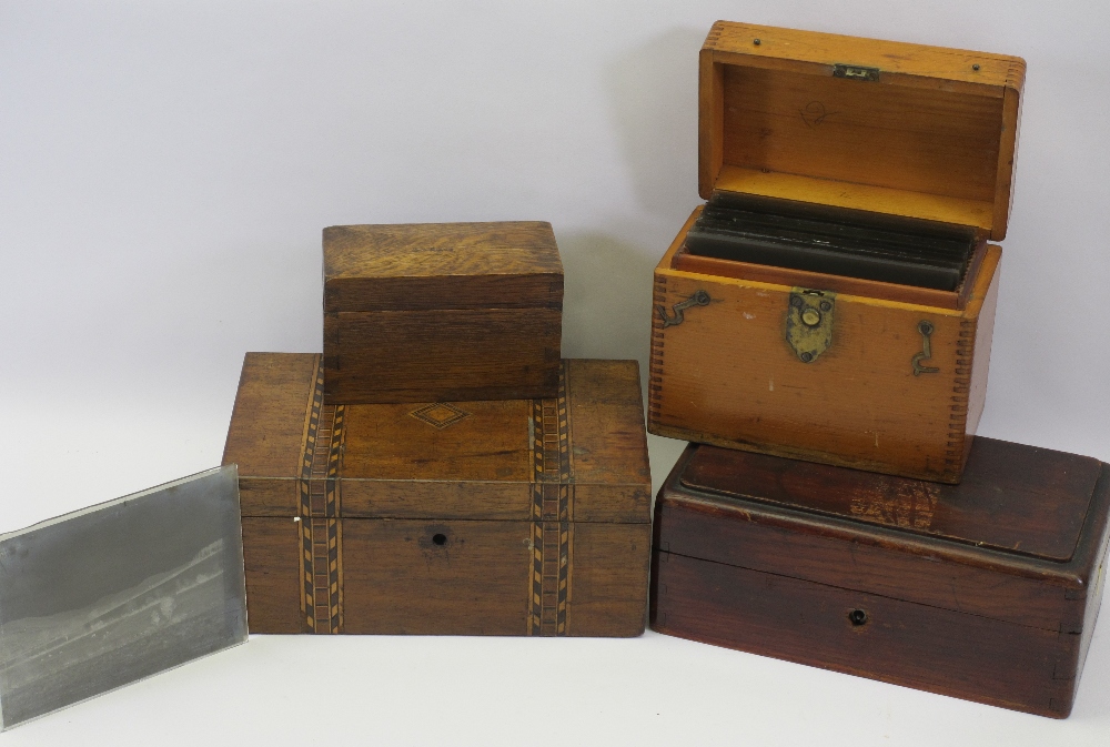 VINTAGE WOODEN BOXES (4), one containing a set of photographic glass negatives