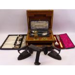 FOOT LAST, vintage smoothing irons, Masonic brassware, cased flatware and a wooden cutlery box