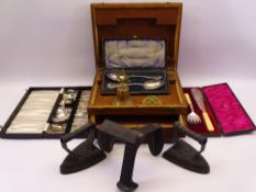 FOOT LAST, vintage smoothing irons, Masonic brassware, cased flatware and a wooden cutlery box